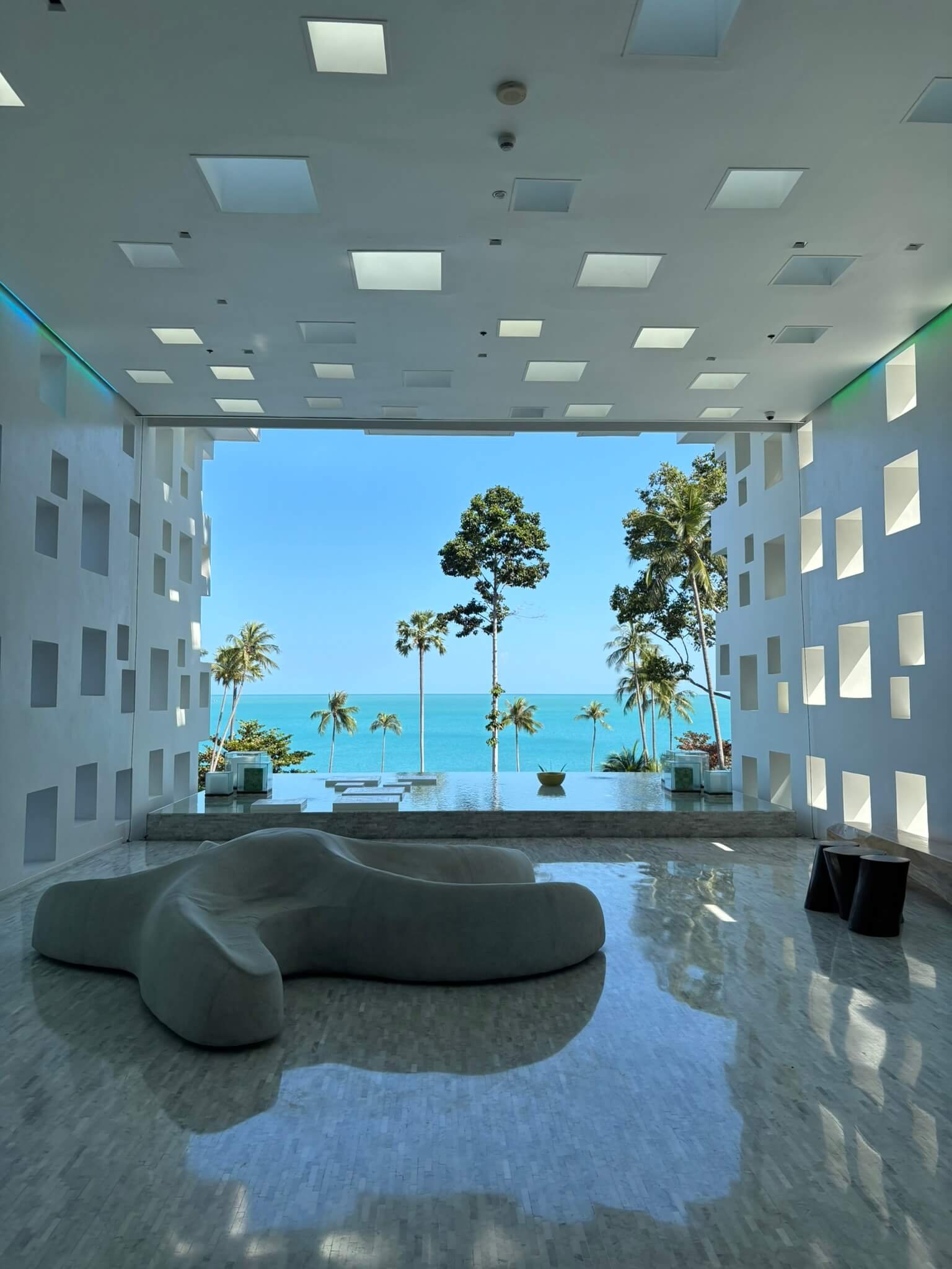 Futuristic white lobby at Hyatt Regency Koh Samui