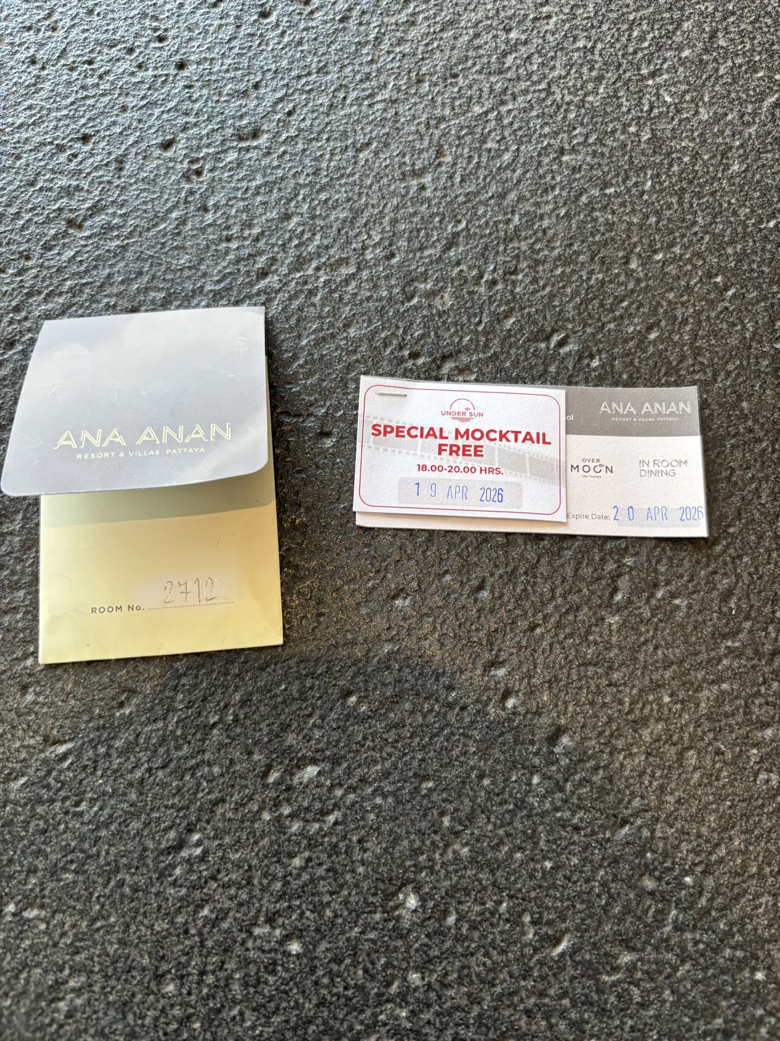 Room key card and welcome voucher at Ana Anan Pattaya