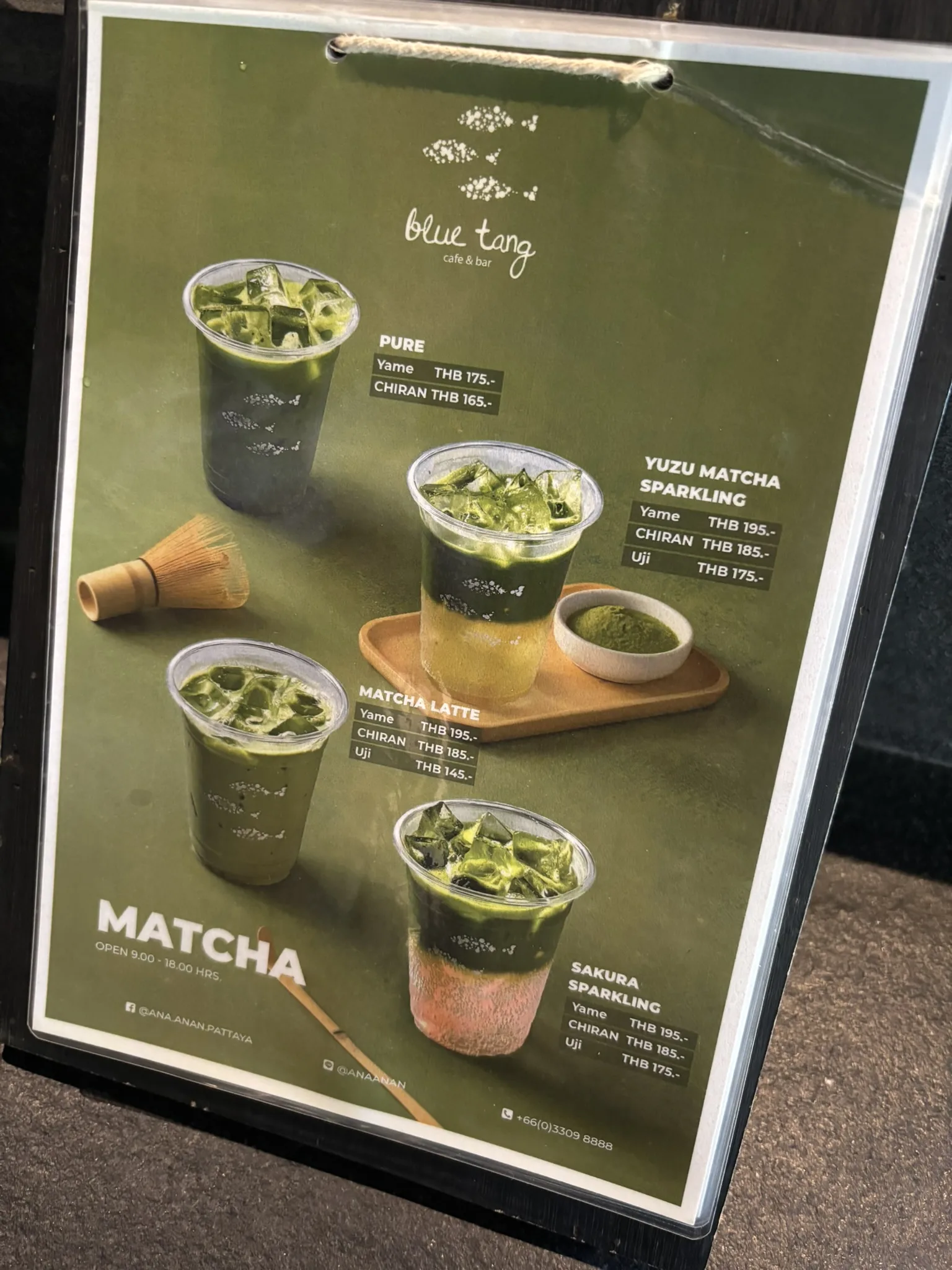 Blue Tang matcha drinks menu at Ana Anan Pattaya