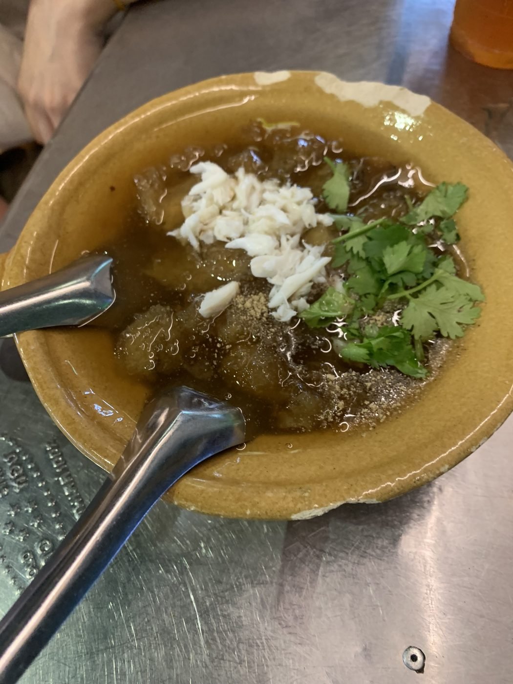 Fish maw in dark broth with crab meat and cilantro, from the stall at the entrance of Soi Plaeng Nam, Yaowarat